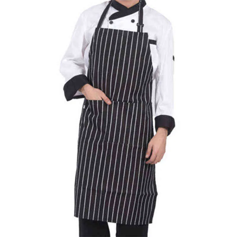 Réglable Accrocher Cou Chef Cuisine Tablier Couples Polyester Rayé Tabliers Pour Restaurant BBQ Cuisson Cuisson Bib Robe Y220426