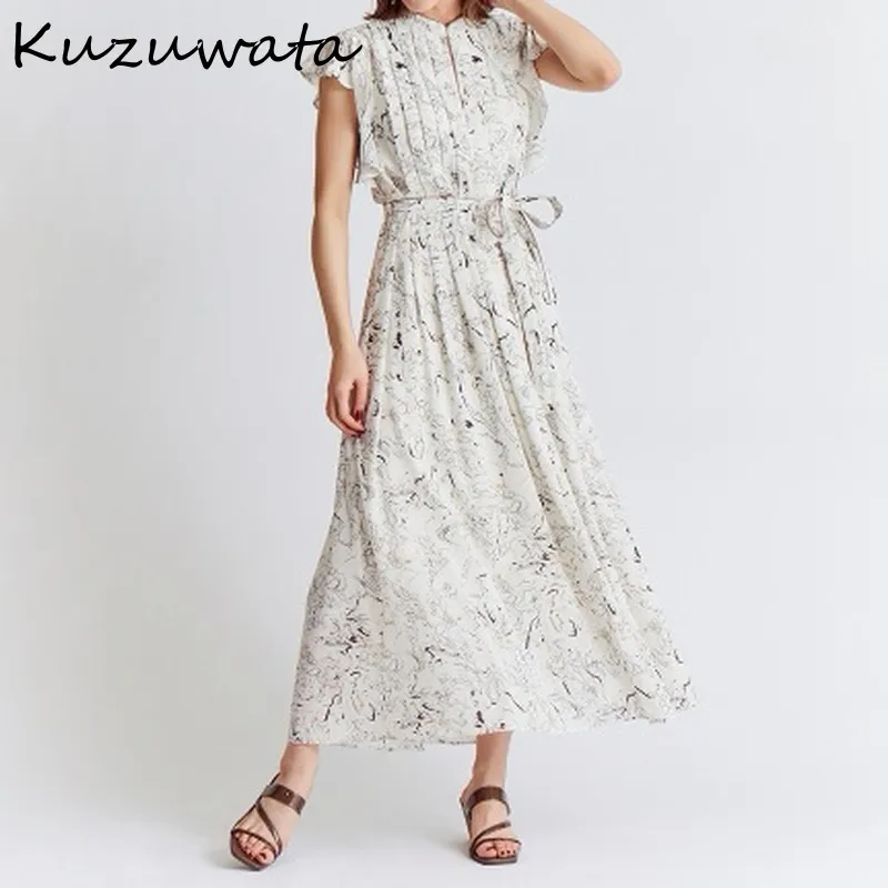Kuzuwata س الرقبة تحلق قصيرة الأكمام مزاجه اللباس المرأة عالية الخصر الورك ألف خط طويل ضئيلة vestidos الصيف رداء طباعة 220406