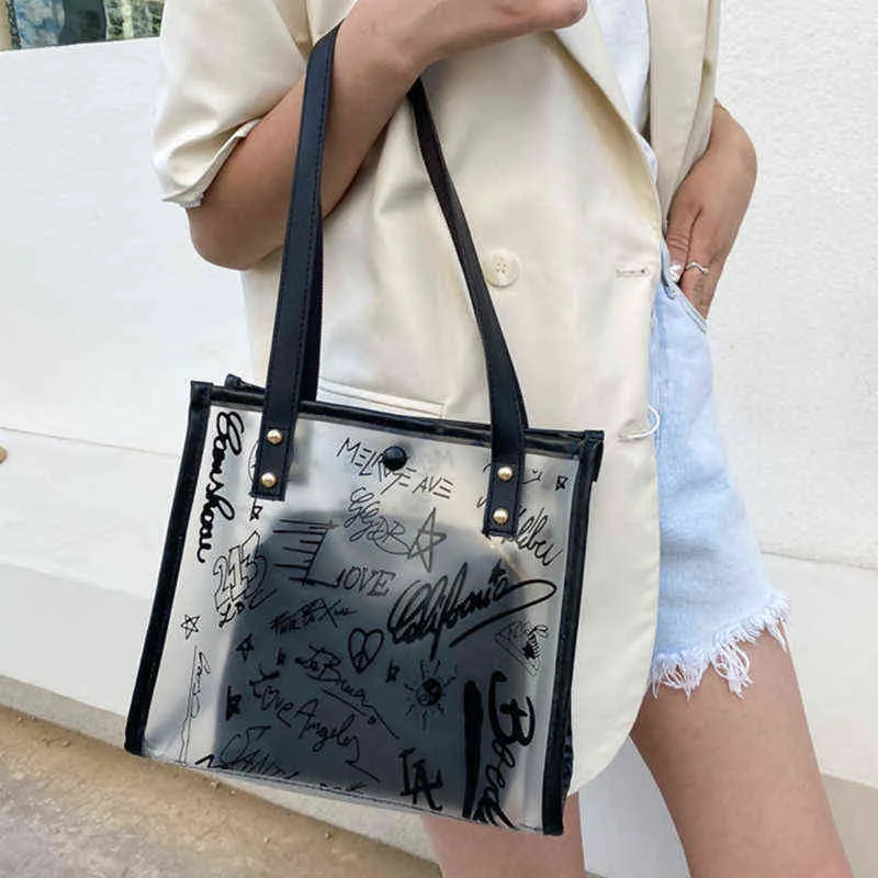 Ladies Transparent Shoulder Bag Ladies Fashion Messenger Handbag Trendy Graffiti Composite Female Tote Bag Bolso Mujer 220608