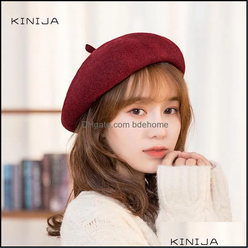 Berets Women Warm Autumn And Winter Wool Solid Beanie Woolen Hat Retro Plain Beret Elegant Femme Cap1