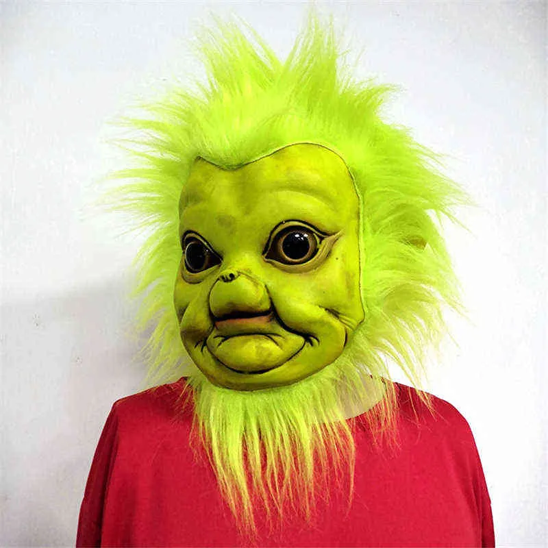 Christmas Adults Funny Face Mask Creative Green Hair Skin Monster Shape Full Decoration Costume Props L220530