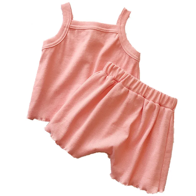 2 pçs / set confortável tops sem mangas   calça crianças roupas cores sólidas menino vestuário conjunto toddler menino meninas colete criança pijama verão 220425