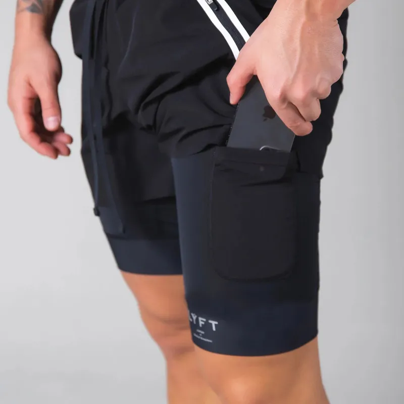 Zomer heren 2 in 1 jogging fitness training quickdrying heren sport shorts rits pocket marineblauwe casual broek 220527