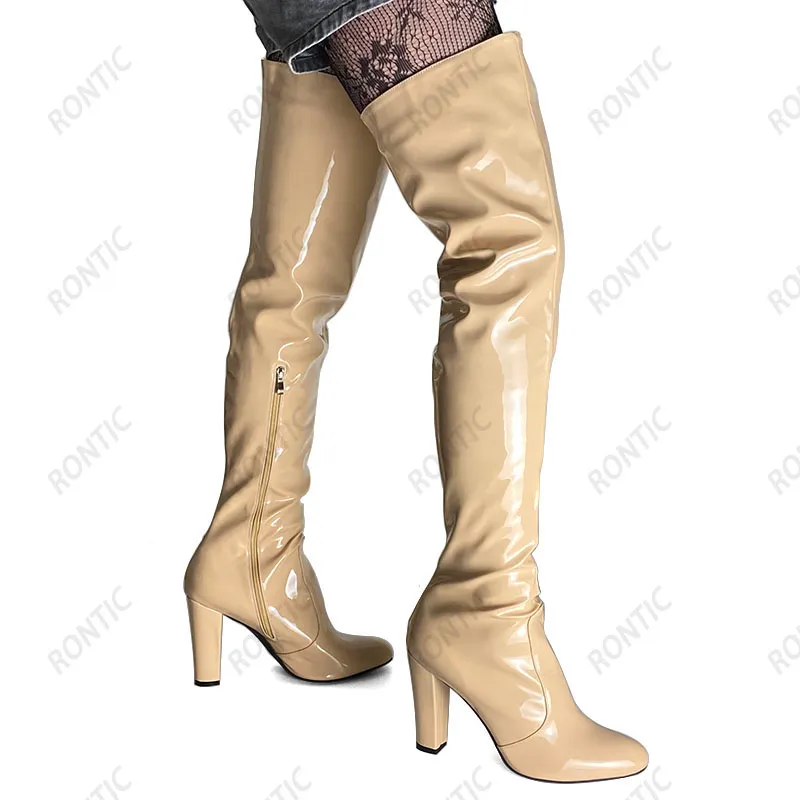 RONTIC NIEUWE AANKOMST Dames Winter Crotch Boots Lenleer Chunky Heels Ronde Teen Vrij Roze Cosplay Schoenen US Maat 5-20