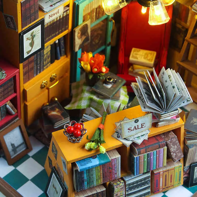 Maison de poupée Miniature à monter soi-même, Kit avec meubles, maison en bois, jouets pour enfants, librairie Sam
