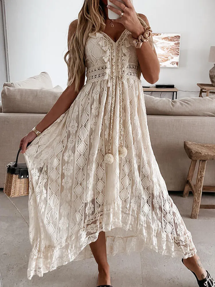 Boho Elbise Kadınlar Yaz Maxi Elbise Lady Of Omuz Tatil Dantel V Boyun Spagetti Kayış Sundress Beyaz Elbise Vestidos De Mujer 220621