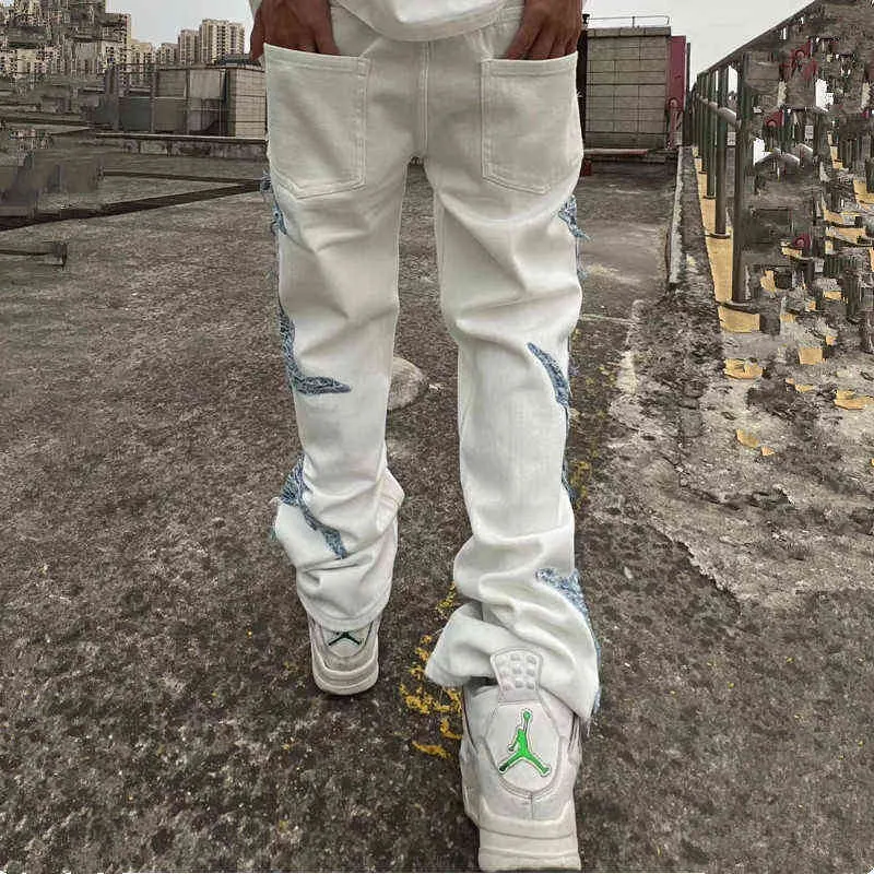 2022 cool design lapptäcke vit bomull män baggy jeans byxor y2k kläder rak hip hop punk lösa denim byxor ropa hombre t220803