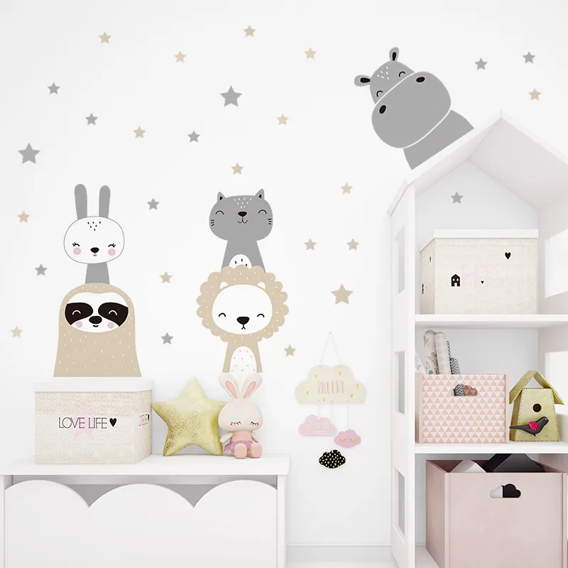 Cartoon Cute Lion Bunny Forest Animals stjärnor Väggklistermärken Beings hjortdekaler för barnrum Baby Nursery Bedroom Murals 220716