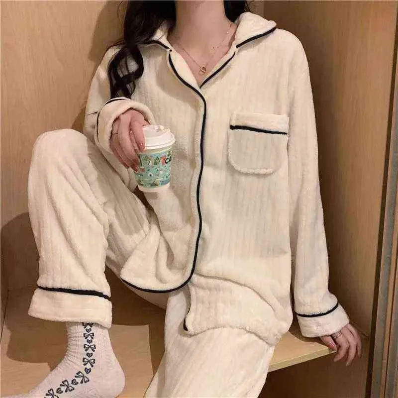 Flannel Pajama Zestawy Kobiety Zima Dwuczęściowa kombinezon domowy 100 Nocna ciepła koreański styl prosty swobodny moda miękka vintage Chic L220803