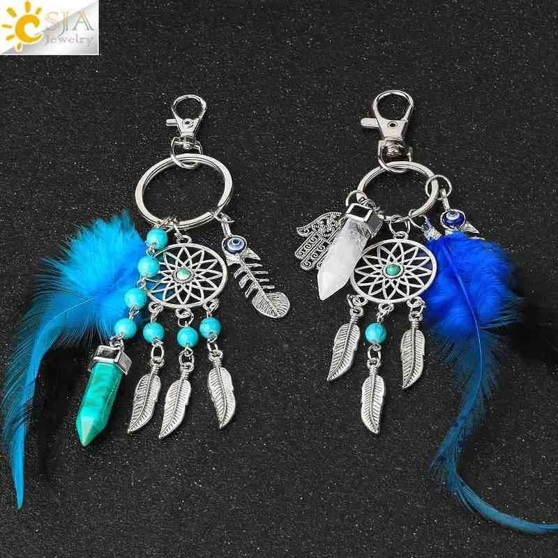 CSJA Dream Catcher Keychains Blue Feather Tassel Hamsa Hand Evil Eye Keyring for Wall Car Hanging Decor Amulet Boho Jewelry G496 AA220318