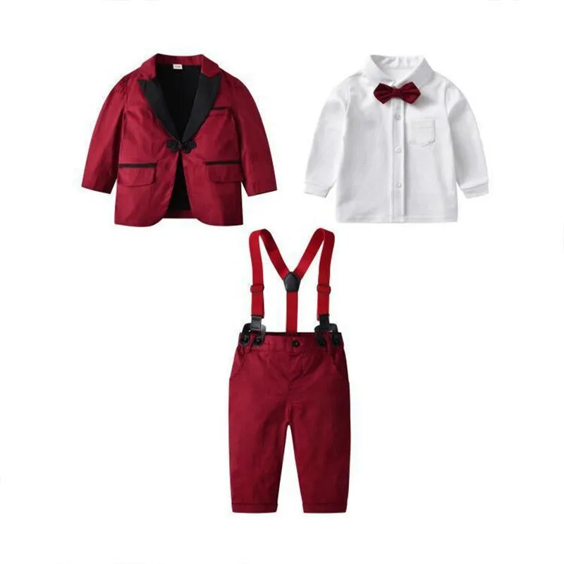 Clothing Sets Long Sleeve Red Formal Clothes Suit For Boys Dress Baby T-Shirt + Coat Pants Bow Belt Children Birthday Party
