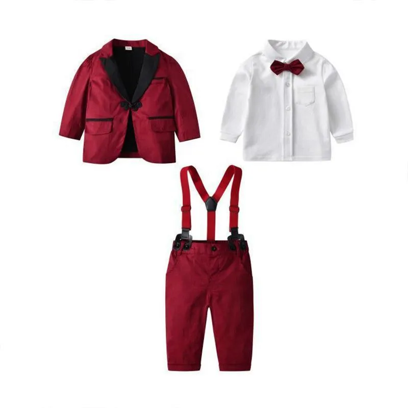 Conjuntos de ropa Manga larga Ropa formal roja Traje para niños Vestido Camiseta para bebé + Abrigo Pantalones Cinturón con lazo 5 piezas Fiesta de cumpleaños para niños