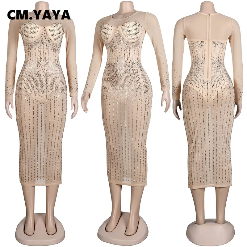 CM.YAYA Frauen Kleid Solide Diamanten Mesh Sehen-durch Dünne Party Vestidos Sexy Nacht Abendkleider Mode Outfit Herbst 220516