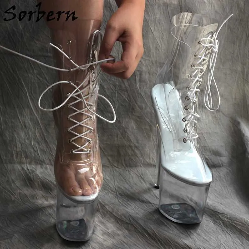 Sorbern Clear Transparenta Kvinnor Stövlar 20cm Stripper Heels Pole Dance Booties Lace Up Se Thorugh Perspex Heel Multi Colors