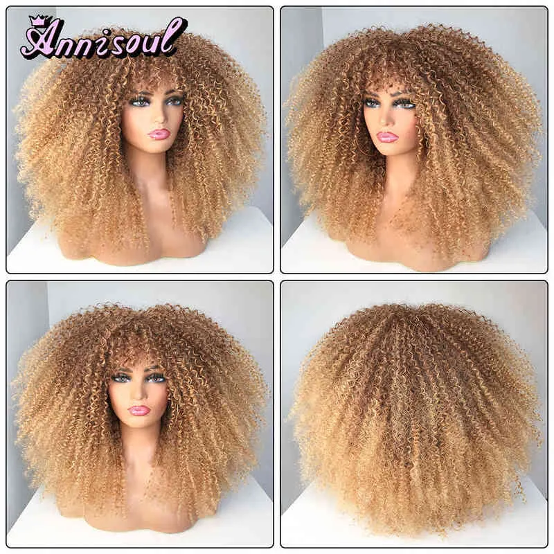 Kurzhaar Afro Kinky Curly Perücken mit Pony für schwarze Frauen afrikanische synthetische Ombre Brown Cosplay Natural Blonde Glulose Perücke 220707