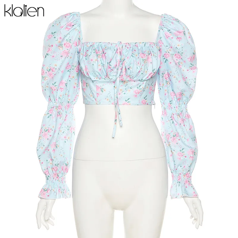 KLALIEN printemps été mode élégant français romantique Floral manches bouffantes col carré femmes Blouses blanc en mousseline de soie chemise 220727