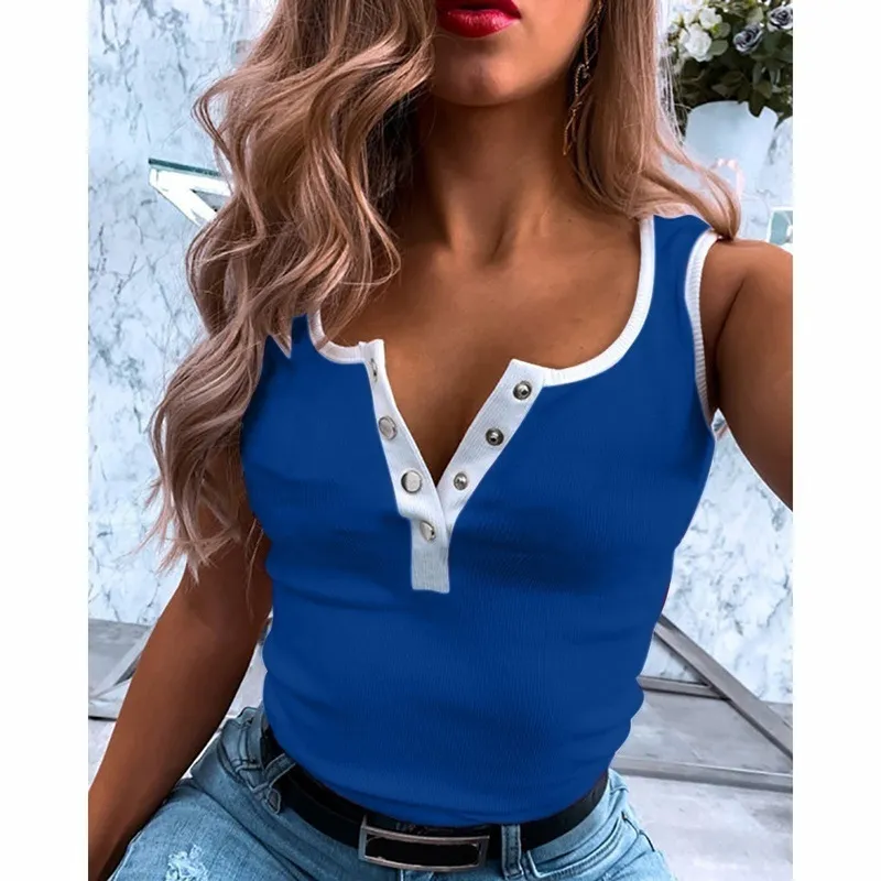 Verano Mujeres Botón medio abierto Punto Tank Tops con cuello en V Sin mangas Slim Splice Oversize S-5XL Mujer Street Vest Shirt Tee 220318