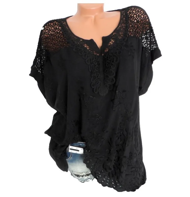 Large Size Loose ShortSleeved Lace Cotton Blouses Summer Tops Sexy Fashion Women Shirt 220611