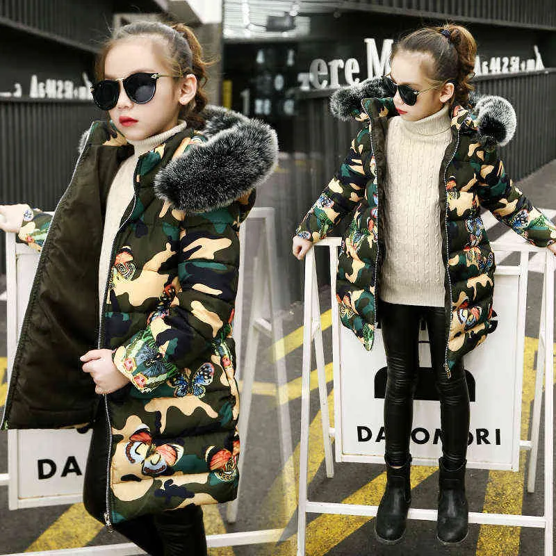 Barnflickor Butterfly Printing Fur Parka Jacket Girl Winter Jacket For Girls Warm Cotton Thick Padded Long Jacket Outfit Clothing J220718