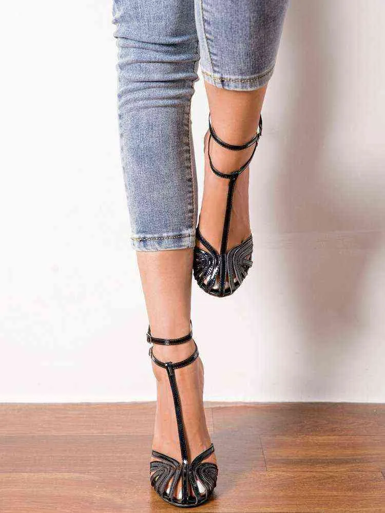 Black Patent Stilettos High Heels Women Sandals Round Toe Ankle Strap Large Size Ladies Summer Fashion Mature Shoes G220425