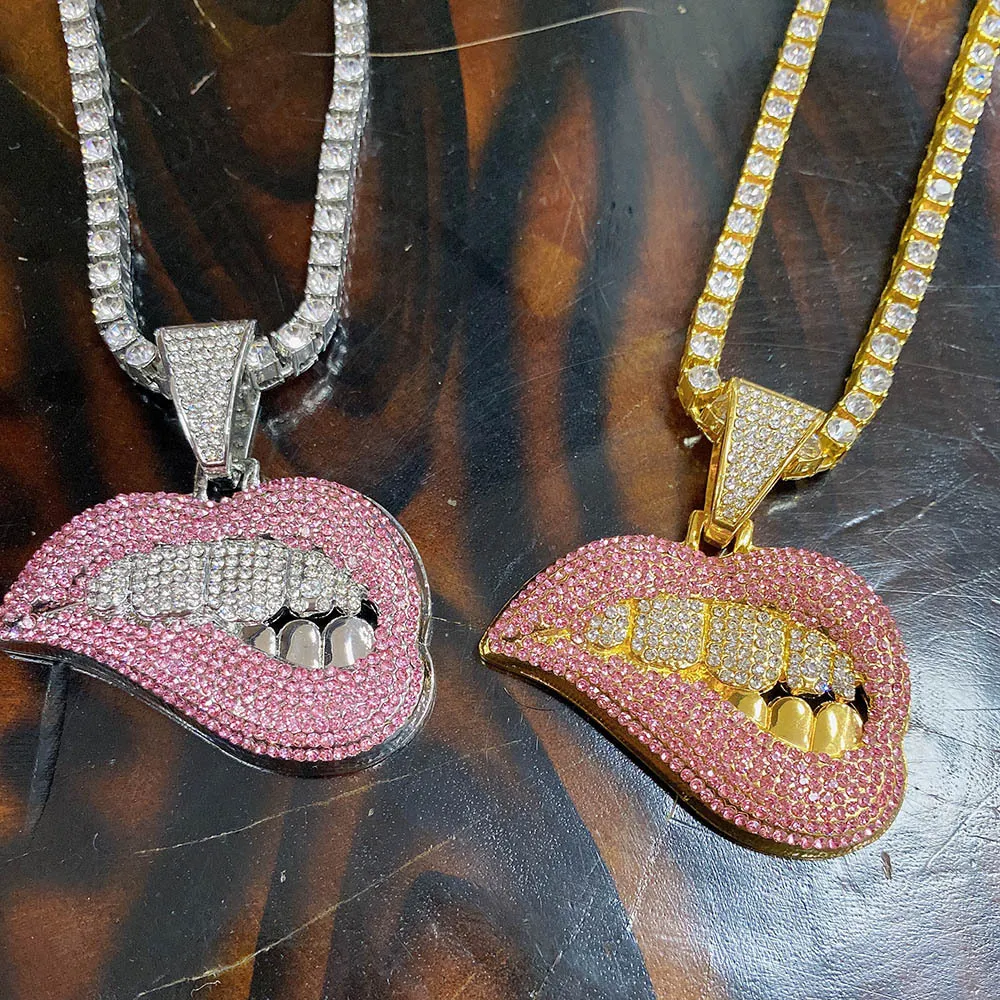 Lèvres cubiques zircone pendentif colliers glacé tennis chaîne cubaine rappeur hommes hip hop bijoux collier bracelets or argent Miami340h