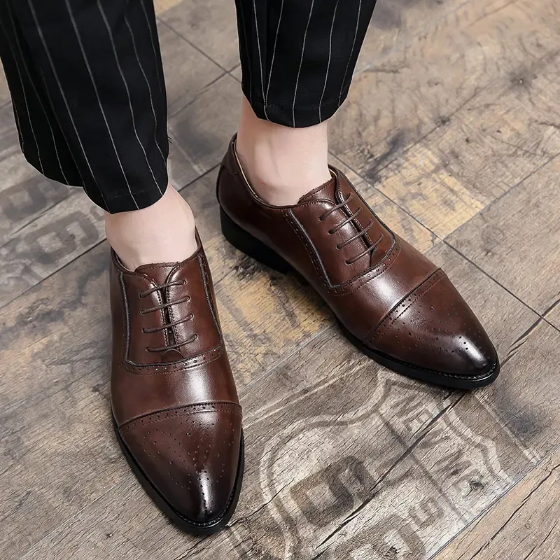 Casual Fashion Leather Shoes Men Shoes PU Solid Color Round Head Comfortable Simple Lace Brogue Hollow Youth Trend British Style HM438