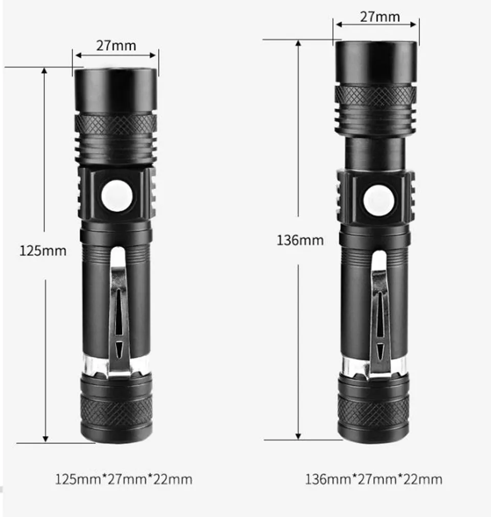 Nouveau ight avec XP-L V6 Lamp Ultra Bright LED Flashl perles torch Zoomable 4 Modes d'éclairage multifonction USB Charge 18650 Baatery
