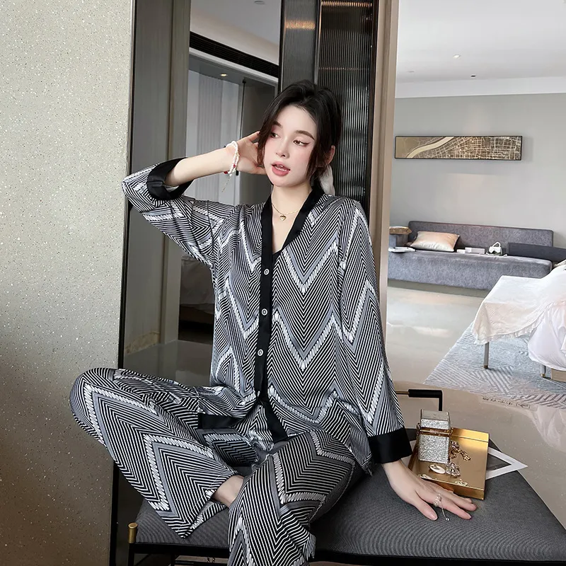 Ensemble de pyjamas pour femmes luxe mode psychédélique ondulation vêtements de nuit soie comme Homewear col en V vêtements de nuit