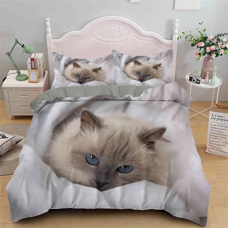 素敵なペットの猫の寝具セットキングクイーンサイズのマイクロファイバーかわいい子猫のプリント布団布ケース付き豪華な動物キルト