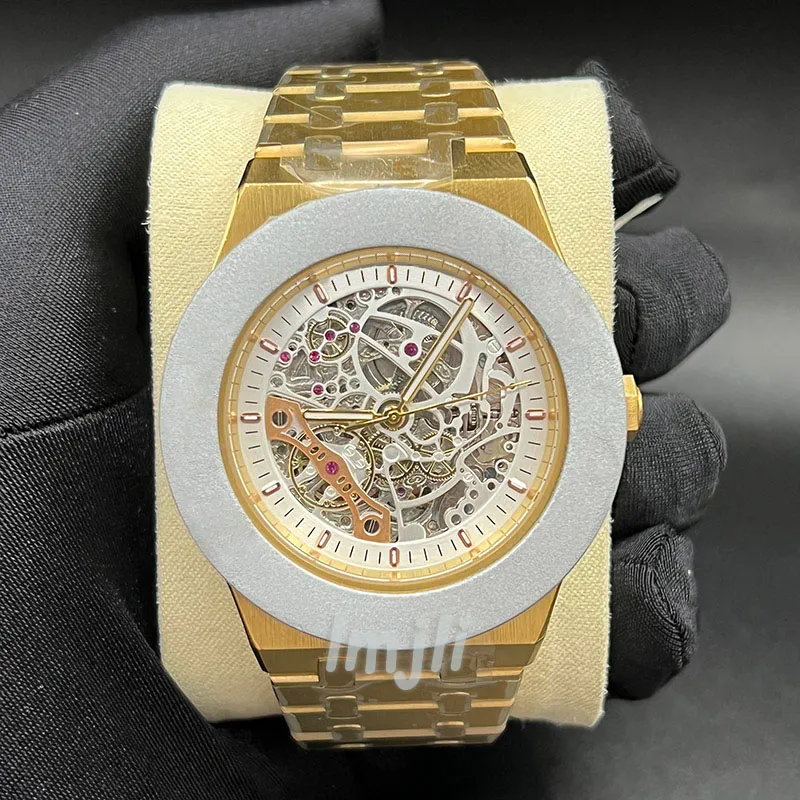 LMJLI - Automatyczne zegarki mechaniczne męskie zegarki Hollow 42 mm duży rozbiór Sliver Pasek ze stali nierdzewnej Modna Zegarnia Montre de L267H