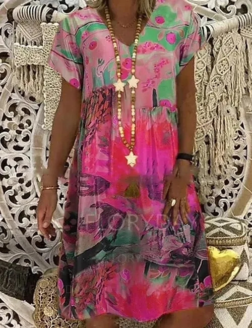 여름 여성의 아름다운 인쇄 된 그림 드레스 v 넥 아웃 부크 드레스 느슨한 캐주얼 무릎 길이 플러스 사이즈 탑 220527