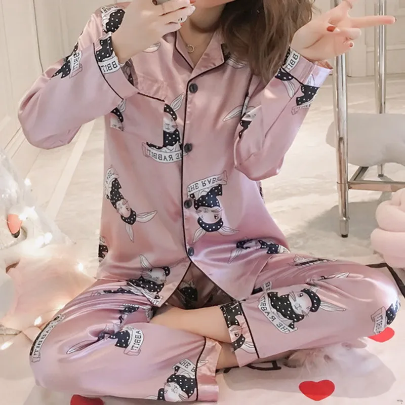 Satin Silk Pajamas Set for Women's Pyjama Suit Printing Long Sleeve Casual Sleepwear Nightwear Soft Home Clothes Pjs Plus Size 220329