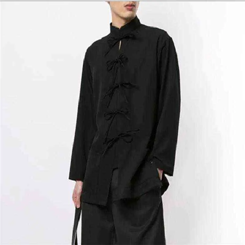 Camicia allentata nera da uomo primavera ed estate nuova tendenza personalità cappotto giovanile manica lunga colletto alla coreana camicia casual L220704