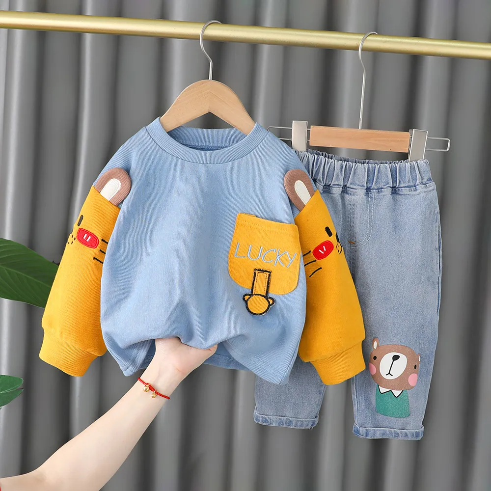 2022 primavera outono crianças meninas 2 pçs conjunto de roupas bordados desenhos animados moletons de algodão calças jeans bebê meninas roupas terno