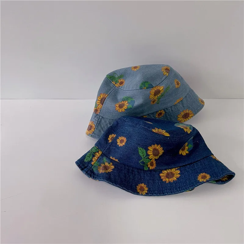 Milancel Summer Children's Denim Bucket Hat Sunflower Print Big Brim Hat 220611