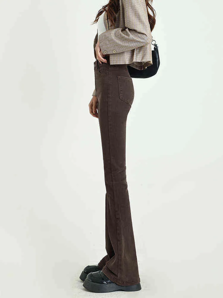 Brun hög midja mikrobladiga enkla jeans kvinnor sommar ny retro choklad smal långa byxor denim byxor tij kvinna l220726