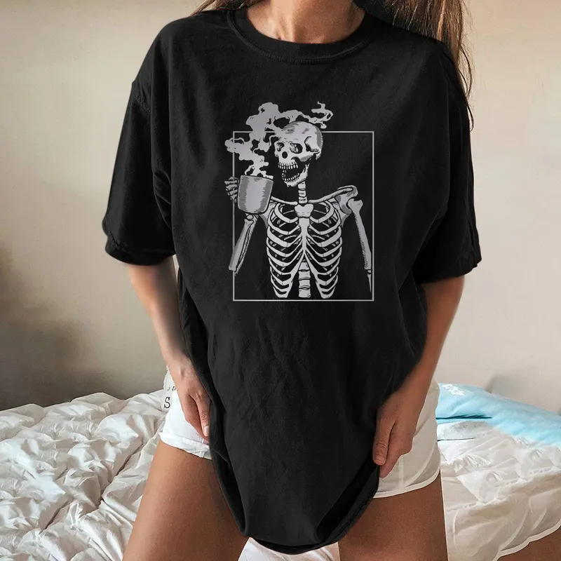 Harajuku damla omuz t-shirt kadın çay içme kafatası iskeleti komik tee yarım artı boyutu hip hop yaz punk elbise 220407
