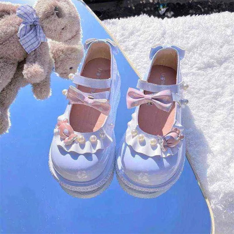 Dress Shoes Kawaii Patchwork Lolita Femme Japanese Style Mix Color Girls Mary Janes Fashion Pearl Decoration Pu Zapatillas Mujer 220516