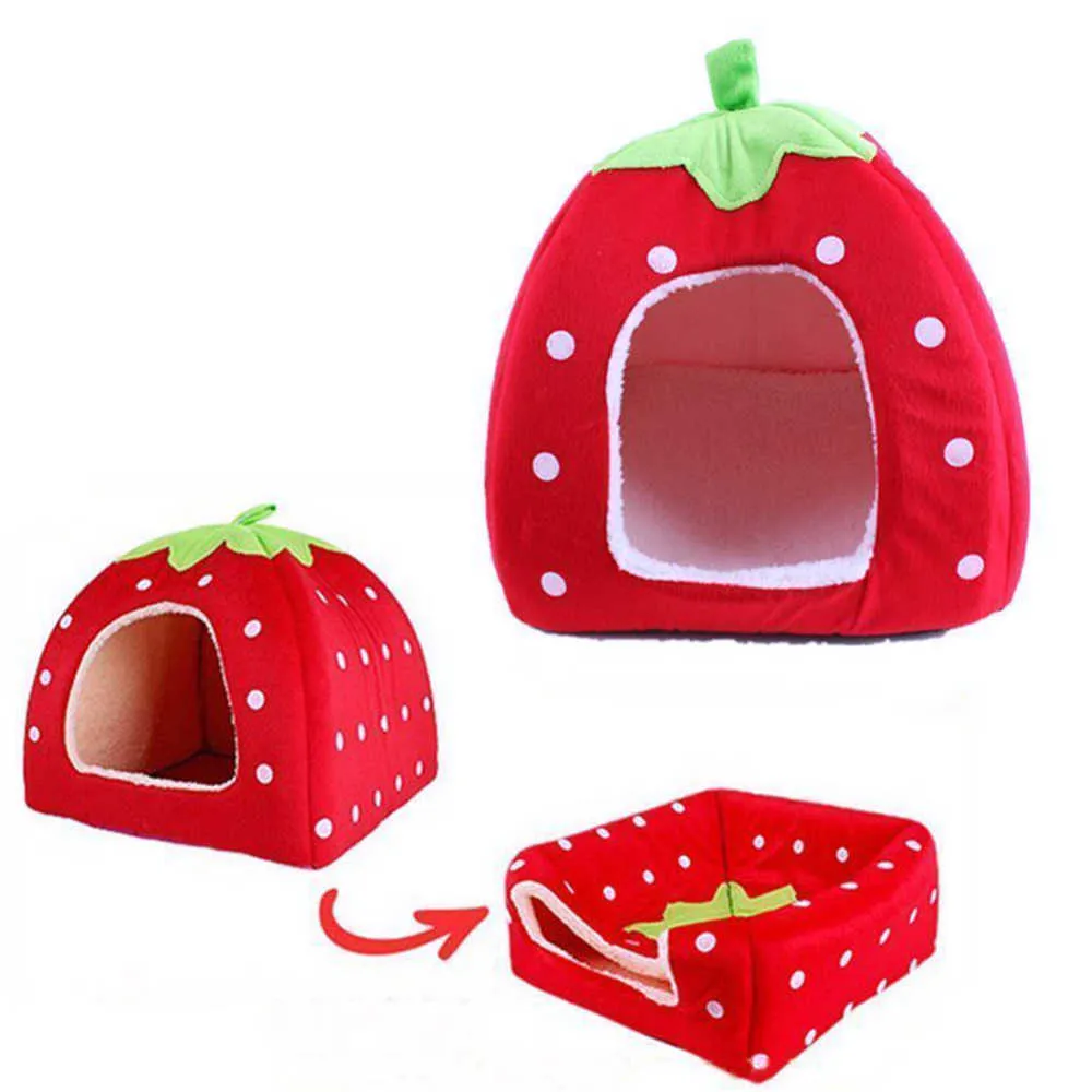 Kennel Foldable Soft Winter Leopard Dog Bed Strawberry Cave Dog House Cute Nest Fleece Cat Housethe287n