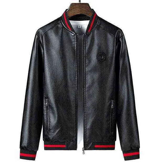 Hommes veste en cuir coupe ajustée veste en cuir moto Pu col rond Badge épais chaud hiver Biker vestes L220801