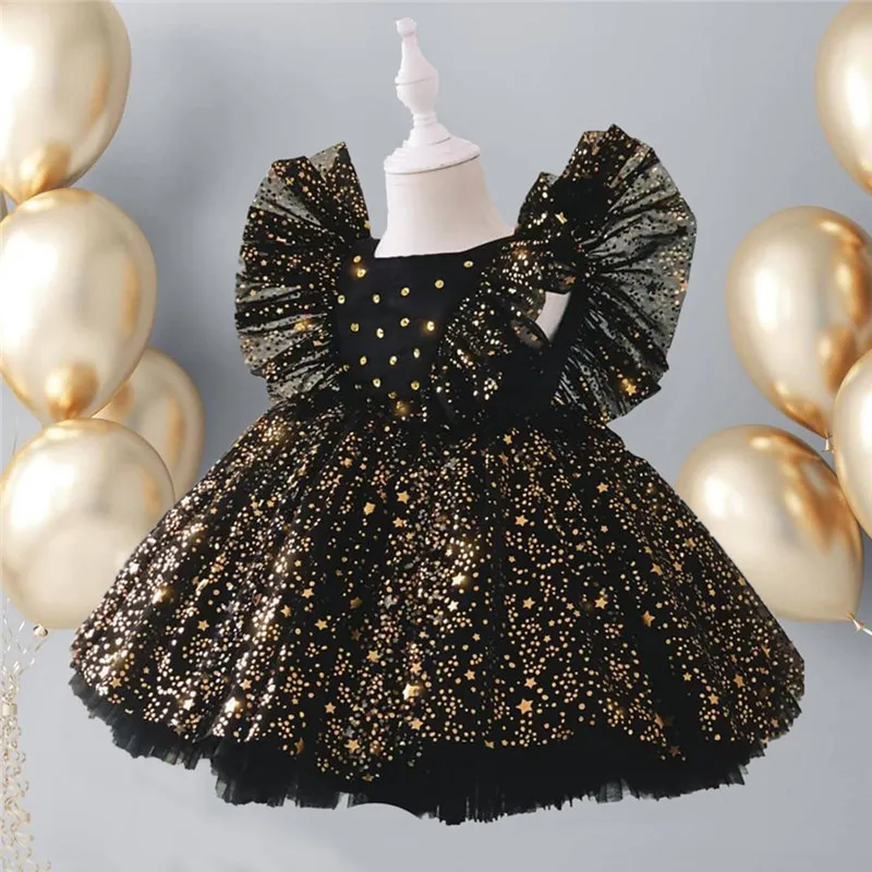 Flickor Sequin Dress Princess Toddler Kids Baby Ruffles Tutu Bowknot Födelsedag Bröllopsfest Prom Barn Elegant Dopkläder 220422