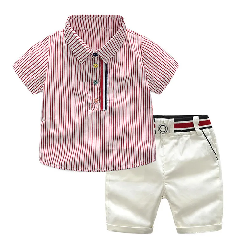 Ropa de verano para niños, camisa a rayas de manga corta, pantalones, traje elegante para caballeros, chándal para niños pequeños, conjuntos informales 220419