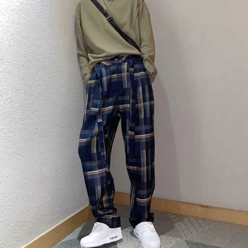 Houzhou Plaid Pants Plaid Byxor Man Kontrollerade byxor raka baggy casual koreanska Harajuku Men's Fashion Pants Streetwear 220816