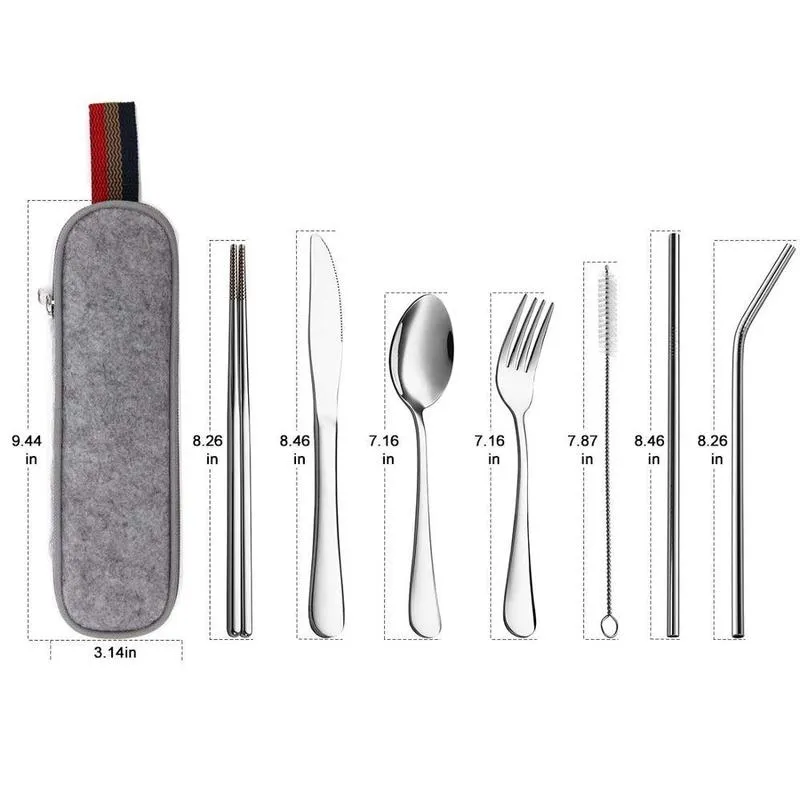 Tableware Reusable Travel Cutlery Set Camp Utensils Set with stainless steel Spoon Fork Chopsticks Straw Portable case 220307