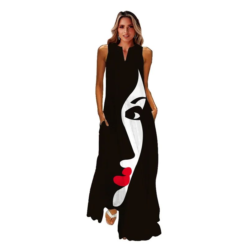 Movokaka Human Face Printedブラックドレスエレガントなカジュアルなヴィンテージドレス女性夏のビーチの袖なしの女の子長いドレス女性220531