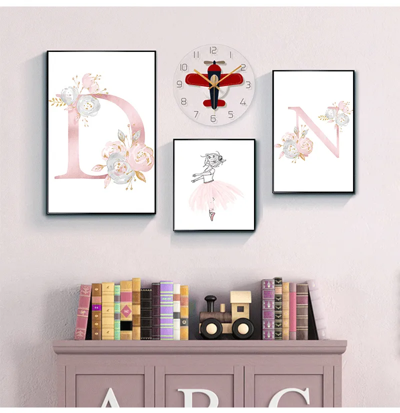 Bloemen Wall Art Pictures For Girls Room Decoratie Personaliseerde poster Babynaam Aangepaste canvas schilderij Kinderdagverblijf Afdrukken roze 220716