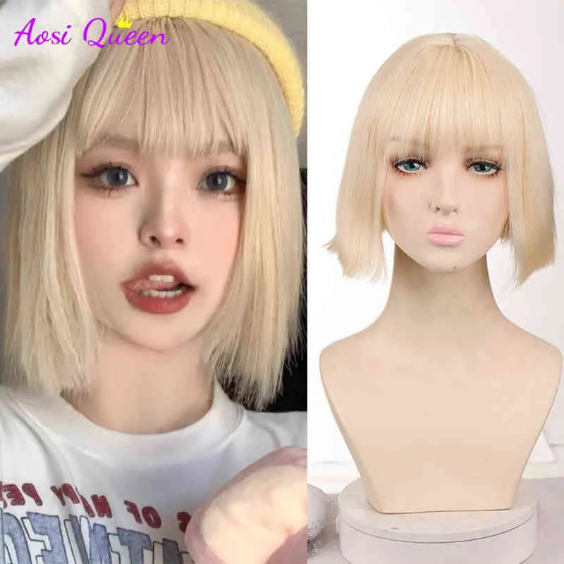 Comme une perruque bob courte avec des bangs perruques synthétiques pour les femmes ombre noire rouge violet blonde rose lolita cosplay fête naturel hair 220622