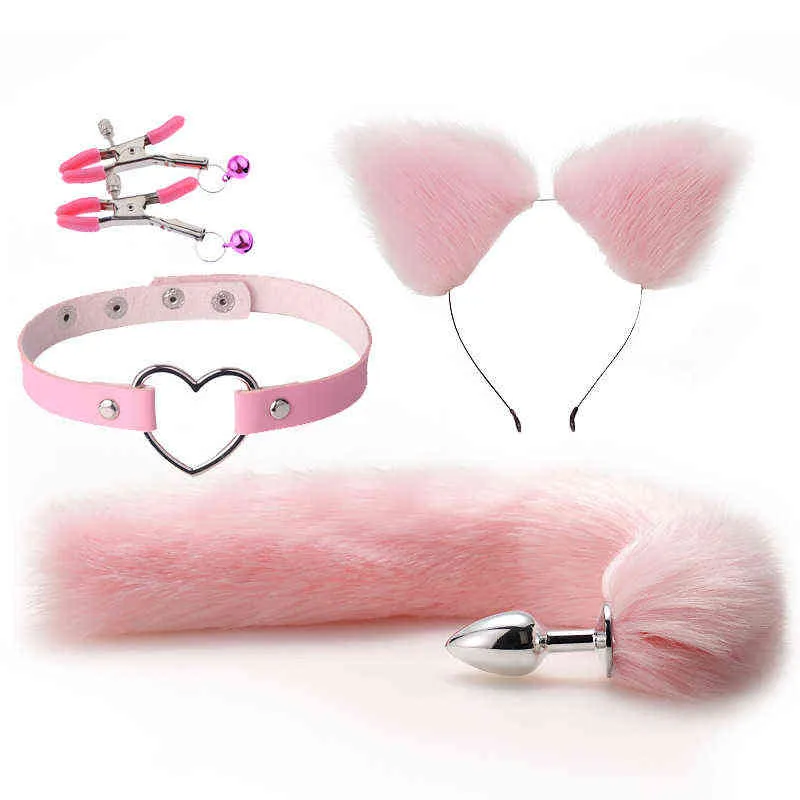 Erotica Anal Toys Cute Fox Tail Plug Cat Ears pannband Set Adult Games Nipple Clip Neck Collar Erotic Cosplay Sex For Women Men 220507