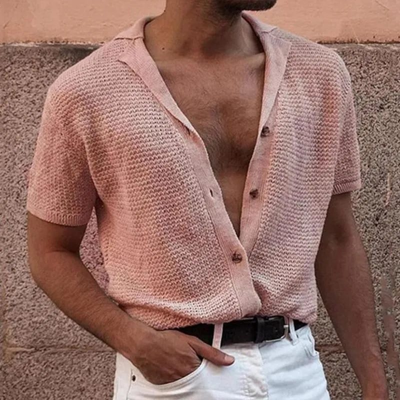 Mężczyzn T Shirt Solidny kolor dzianinowy letni top dla mężczyzn streetwear swobodny koszulki guziki lapowe na randki 220616