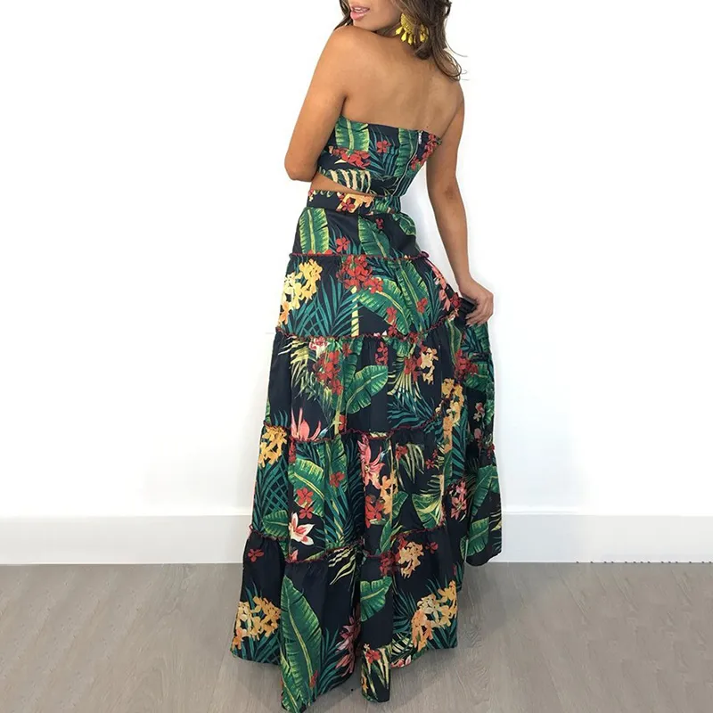 Sexy Women Boho Two Piece Set Crop Top Long Skirt Floral Printed Bandeau Strapless Bandage Ruffles High Waist Skirts Holiday 220509